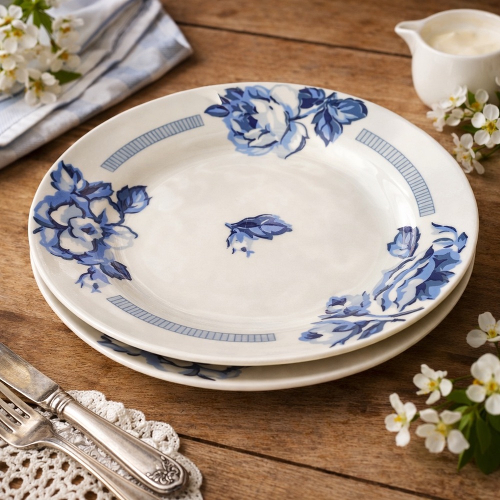 Gibson Designs Blue Rose Salad / Dessert Plates – Blue & White Floral – Set of 2